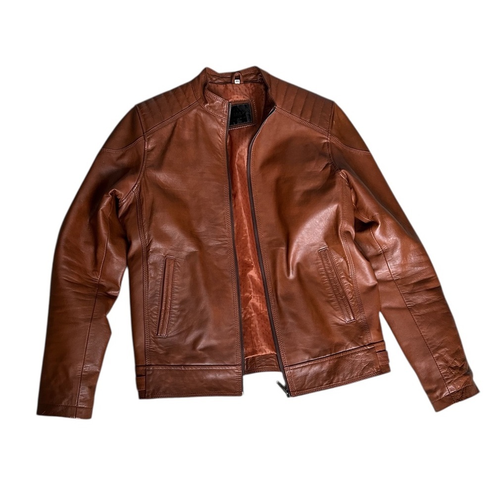 Zara Unisex Biker Leather Jacket – Tan/Cognac, Size Small Like New - Picture 10 of 14